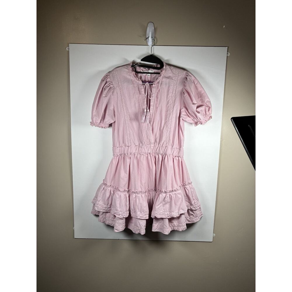 Mable Size L Pink Puff Sleeve Tiered Mini Dress Coquette Cottagecore Lace